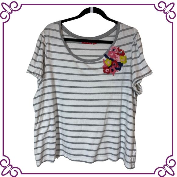 ELLE Short Sleeve White & Gray Striped Floral Applique Pima Cotton Blend Tee 1X - Picture 1 of 8